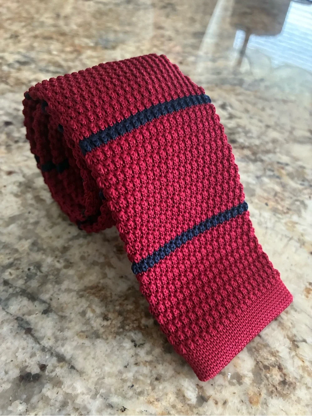 Men's knit square Red & navy blue Striped Tie, One Size Classic Length